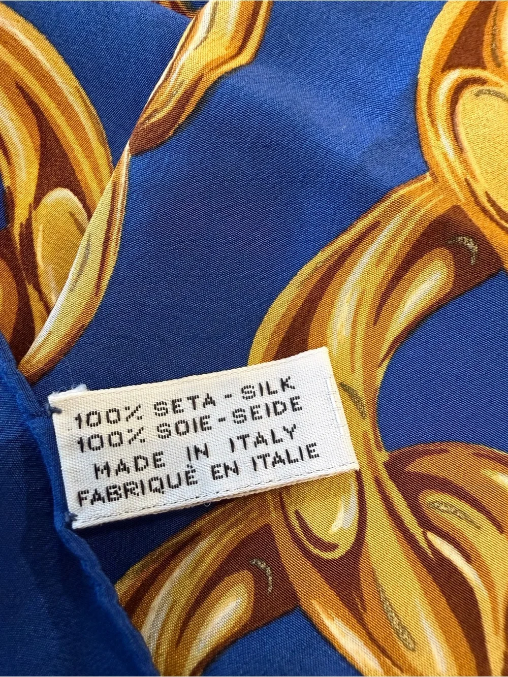 CHANEL Royal Blue Silk Scarf with Gold Chain Print